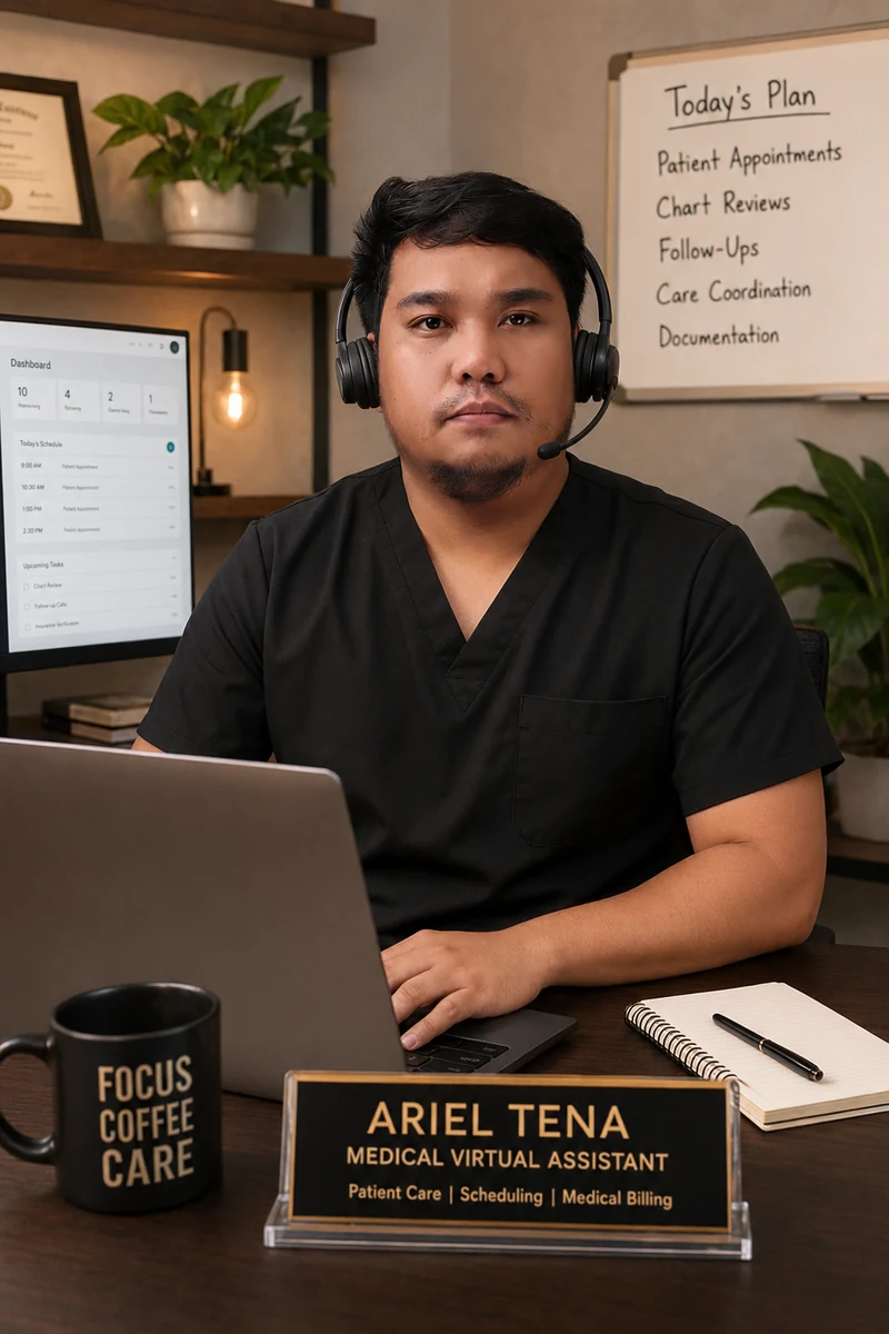 Ariel Tena in a professional medical virtual assistant home-office setting